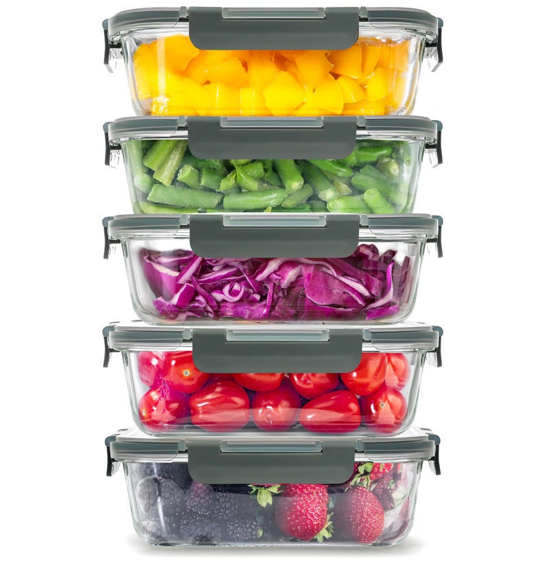 Zulay Kitchen 5 Pack Glass Meal Prep Containers with Lids Airtight Premium Borosilicate Glass Food Storage Containers Microwave Freezer Oven Safe BPA Free Gray