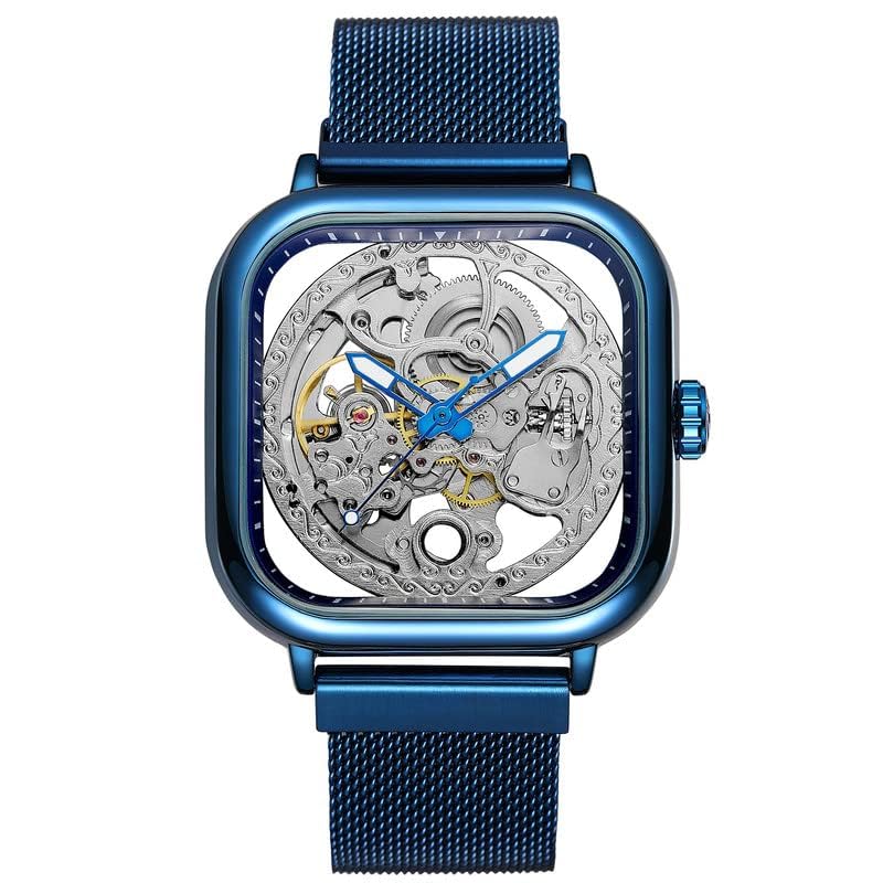 FORSINING Automatic Mechanical Skeleton Transparent Analog Mesh Steel Band Men's Watch-Fsg8181, Dial Color_Blue,Band Color-Blue - Image 2