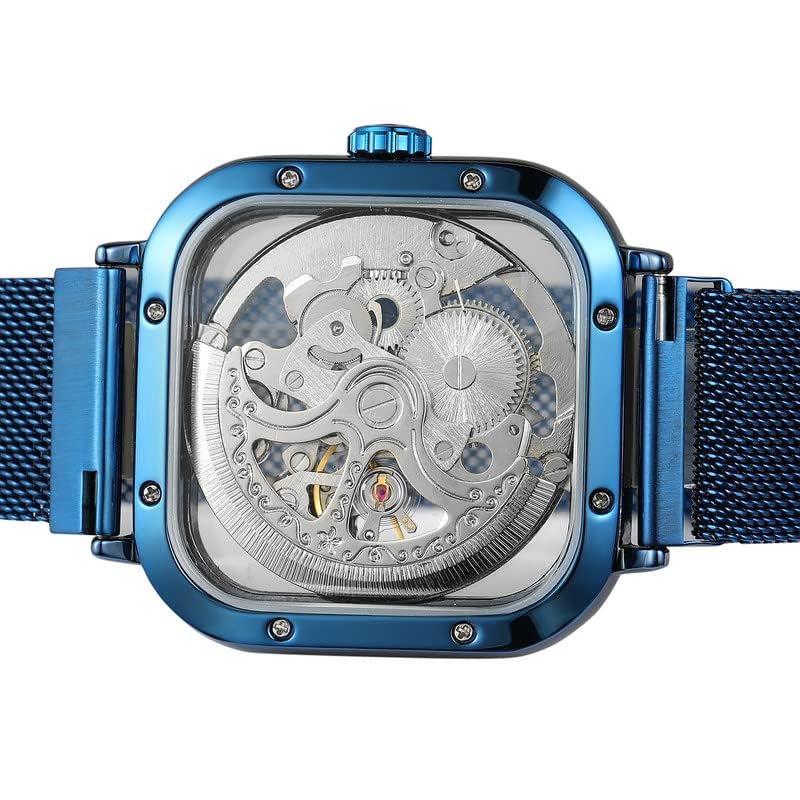 FORSINING Automatic Mechanical Skeleton Transparent Analog Mesh Steel Band Men's Watch-Fsg8181, Dial Color_Blue,Band Color-Blue - Image 5