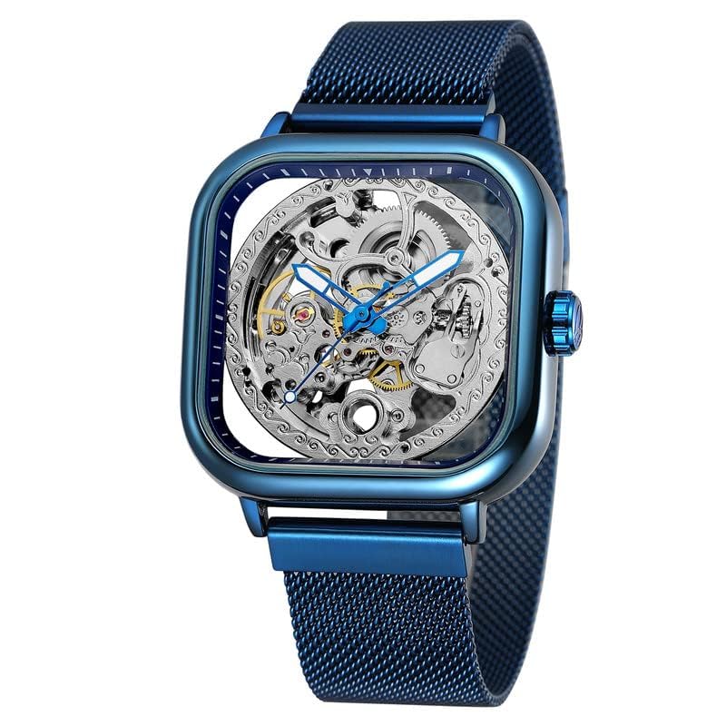 FORSINING Automatic Mechanical Skeleton Transparent Analog Mesh Steel Band Men's Watch-Fsg8181, Dial Color_Blue,Band Color-Blue - Image 3