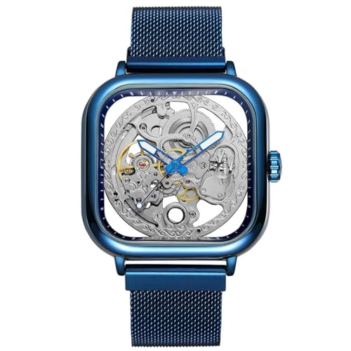 FORSINING Automatic Mechanical Skeleton Transparent Analog Mesh Steel Band Men's Watch-Fsg8181, Dial Color_Blue,Band Color-Blue - Image 1