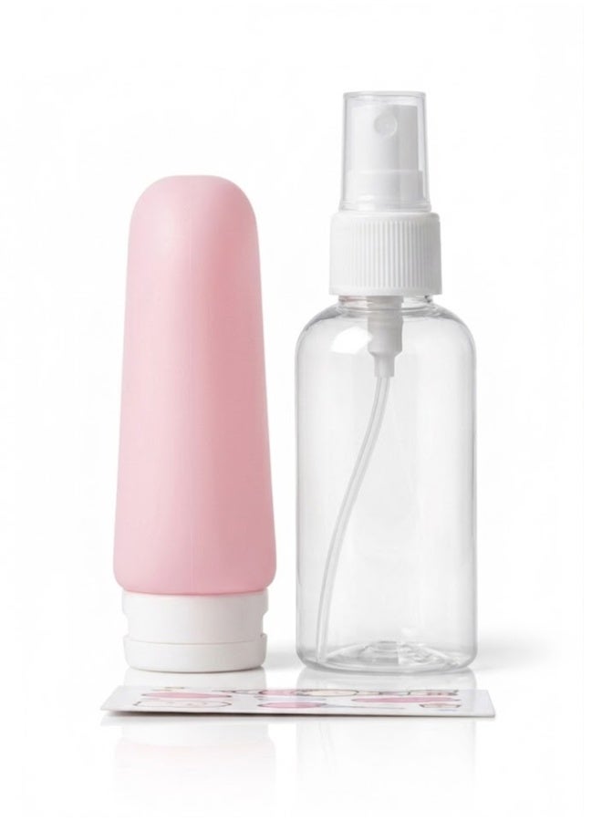 Crazy Boss 2pc Refillable Travel Bottle Set – Leak-Proof TSA Approved Silicone Squeeze & Spray Bottle – Portable Toiletry Kit with Decorative Stickers - Light Pink - Image 2