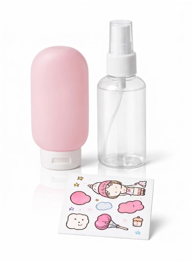 Crazy Boss 2pc Refillable Travel Bottle Set – Leak-Proof TSA Approved Silicone Squeeze & Spray Bottle – Portable Toiletry Kit with Decorative Stickers - Light Pink - Image 1