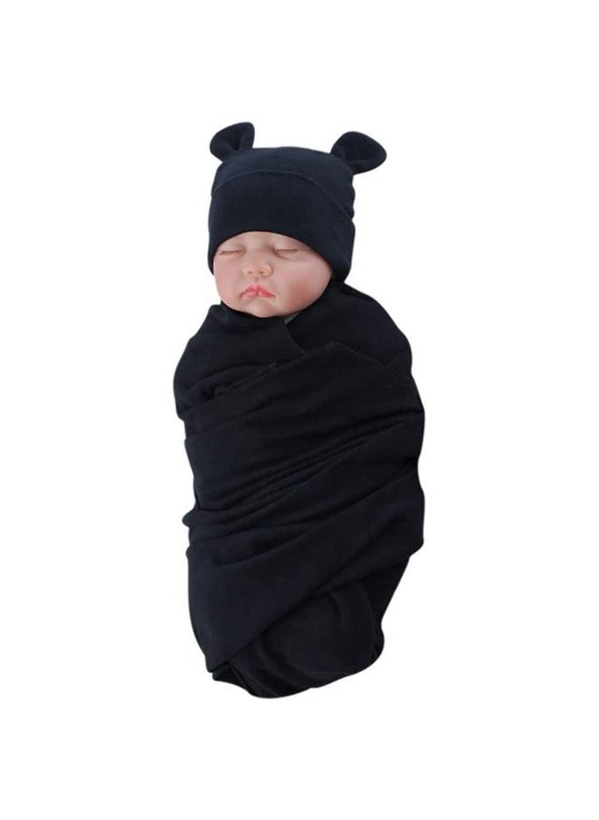 Exemaba - Exemaba Unisex Baby Swaddle Blanket with Hat Set Newborn Swaddle Receiving Blankets Sleep Sack for 0-3 Months Boys Girls(Black) - Image 1