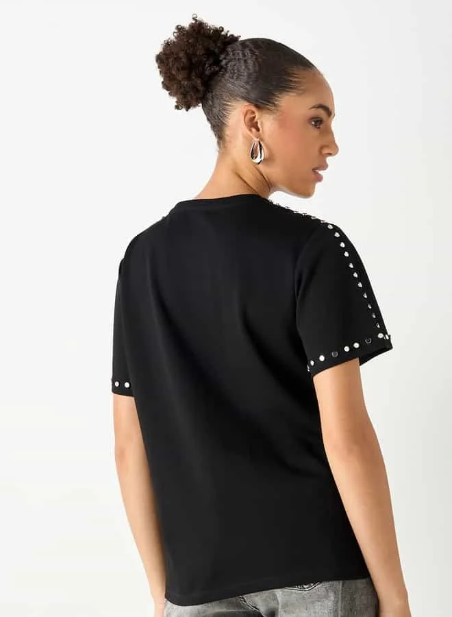 2Xtremz 2Xtremz Embellished Crew Neck T-shirt with Short Sleeves