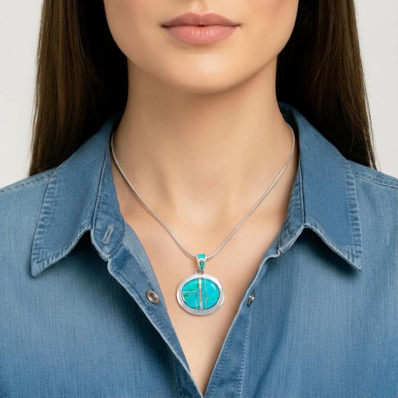 Turquoise Network Turquoise Necklace Pendant 925 Sterling Silver Genuine Gemstones (20" Length) (Turquoise w/Silver Dividers) - Image 2