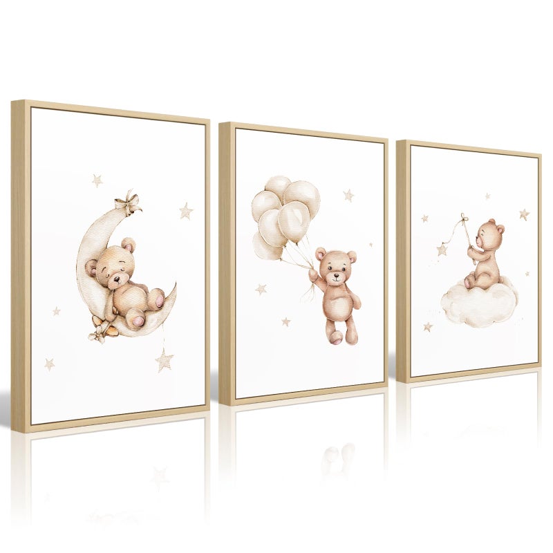 Bear Nursery Wall Art Decor Set of 3 Teddy Bear Canvas Wall Art Baby Boy Nursery Decor Prints Neutral Pictures Moon Star Cloud Print for Girls Children Room 16x24 Inch FRAMED