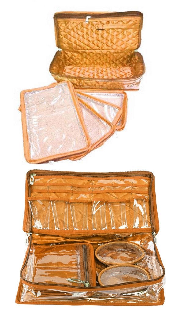atorakushon Combo Jewelry EarringsTops Studs Half Set Vanity Case 5 Necklace Pouch Organizer Kit with 2 churi satin Wardrobe Organiser/Regular Makeup storage jewellery Vanity Box (Golden) - Image 1