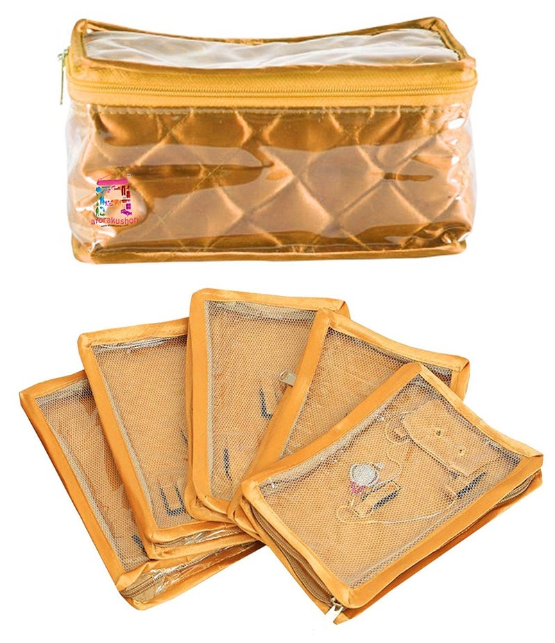 atorakushon Combo Jewelry EarringsTops Studs Half Set Vanity Case 5 Necklace Pouch Organizer Kit with 2 churi satin Wardrobe Organiser/Regular Makeup storage jewellery Vanity Box (Golden) - Image 2