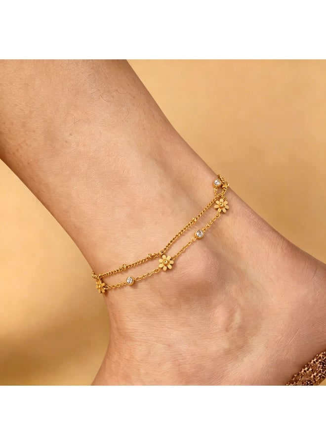 XIXI Women's Gold Double Layered Floral Zircon Anklet - Image 1