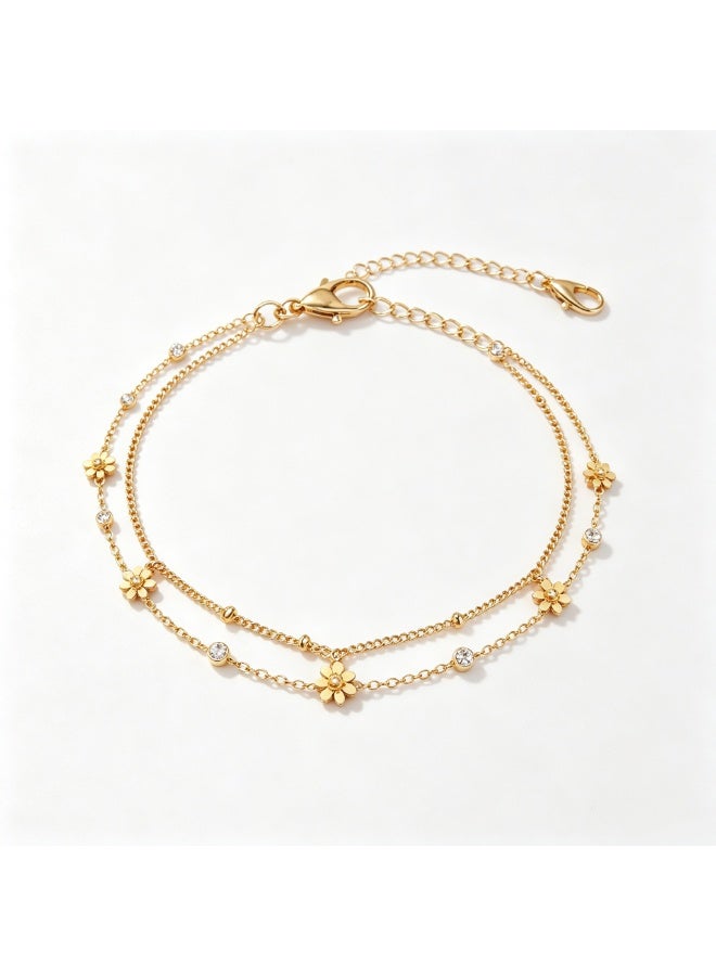 XIXI Women's Gold Double Layered Floral Zircon Anklet - Image 2