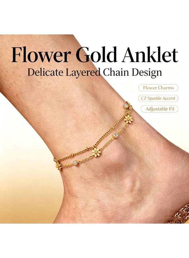 XIXI Women's Gold Double Layered Floral Zircon Anklet - Image 3