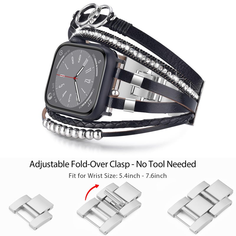 MOFREE Boho Leather Bracelet Compatible with Apple Watch Band 38mm 40mm 41mm Women, Handmade Multilayer Wrap Beaded Jewelry Apple Watch Strap for iWatch Series 10 9 8 7 6 5 4 3 2 1 Black - Image 3