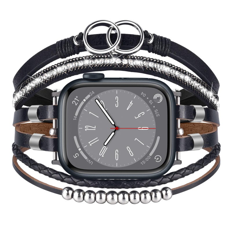 MOFREE Boho Leather Bracelet Compatible with Apple Watch Band 38mm 40mm 41mm Women, Handmade Multilayer Wrap Beaded Jewelry Apple Watch Strap for iWatch Series 10 9 8 7 6 5 4 3 2 1 Black - Image 1