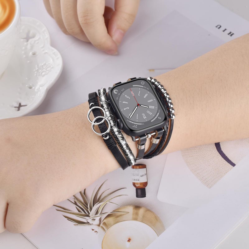 MOFREE Boho Leather Bracelet Compatible with Apple Watch Band 38mm 40mm 41mm Women, Handmade Multilayer Wrap Beaded Jewelry Apple Watch Strap for iWatch Series 10 9 8 7 6 5 4 3 2 1 Black - Image 2