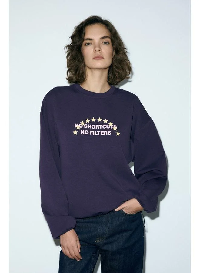 Grimelange MARIELA Women's round neck printed detailed oversized purple sweatshirt.