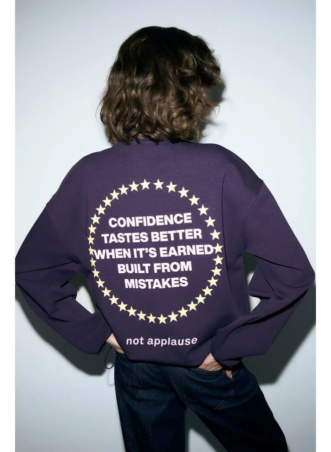 Grimelange MARIELA Women's round neck printed detailed oversized purple sweatshirt.