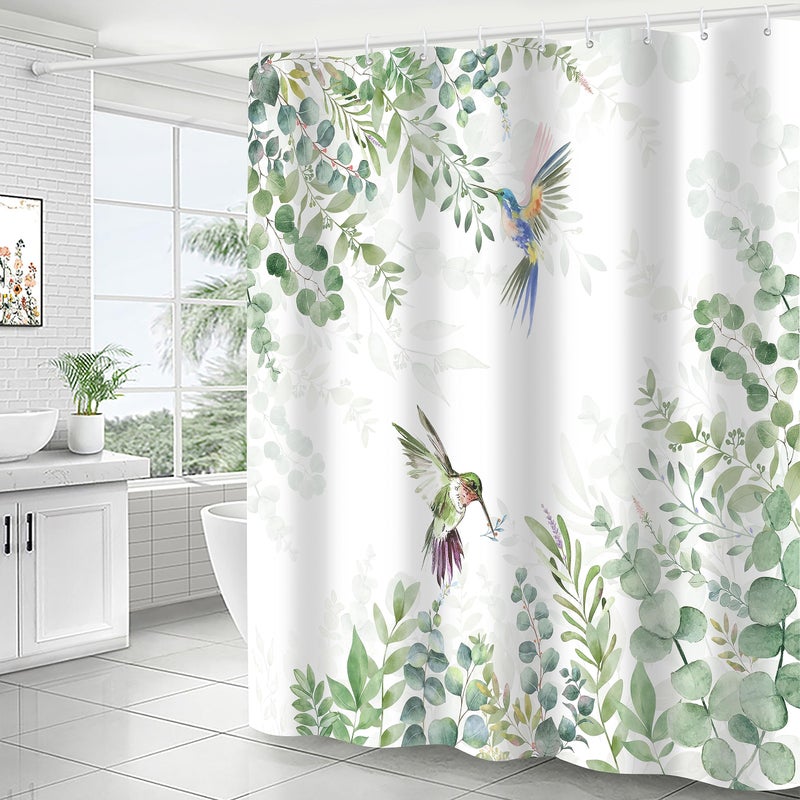 JWXCBIM Hummingbird Sage Green Eucalyptus Leaves Shower Curtain  Spring Summer Botanical Floral Bird Home Bathroom Decor  Polyester Cotton Fabric Waterproof Modern Bath Curtain with 12 Hooks 72x72 Inch - Image 2