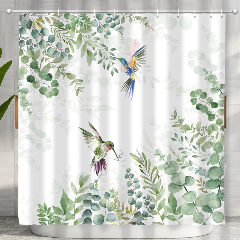 JWXCBIM Hummingbird Sage Green Eucalyptus Leaves Shower Curtain  Spring Summer Botanical Floral Bird Home Bathroom Decor  Polyester Cotton Fabric Waterproof Modern Bath Curtain with 12 Hooks 72x72 Inch - Image 1