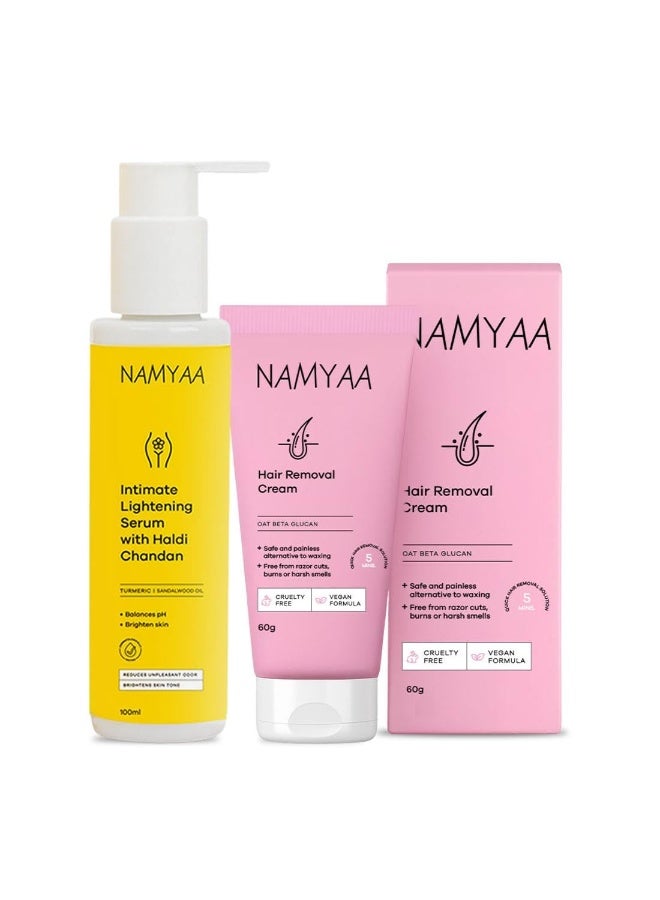 Namyaa Intimate Serum Combo  | Hair Removal Cream 60gm & Haldi Chandan Intimate Seurm 100ml |Pack Of 2|For Women Intimate Area| - Image 1