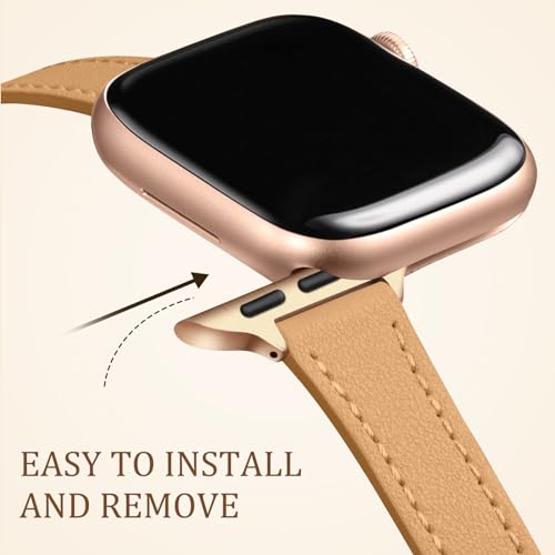 Charlam Slim Leather Band Compatible with Apple Watch Band 40mm 38mm 41mm 42mm 44mm 45mm 46mm Women,Top Grain Genuine Leather Strap Thin Wristband for iWatch Series 11 10 9 8 7 6 5 4 3 2 1 SE 3,Camel - Image 4