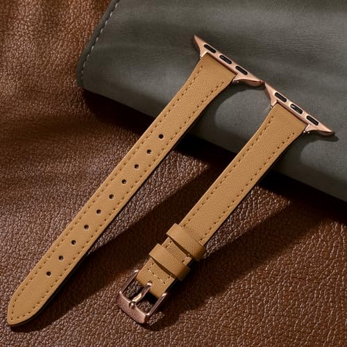 Charlam Slim Leather Band Compatible with Apple Watch Band 40mm 38mm 41mm 42mm 44mm 45mm 46mm Women,Top Grain Genuine Leather Strap Thin Wristband for iWatch Series 11 10 9 8 7 6 5 4 3 2 1 SE 3,Camel - Image 5