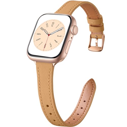 Charlam Slim Leather Band Compatible with Apple Watch Band 40mm 38mm 41mm 42mm 44mm 45mm 46mm Women,Top Grain Genuine Leather Strap Thin Wristband for iWatch Series 11 10 9 8 7 6 5 4 3 2 1 SE 3,Camel - Image 1