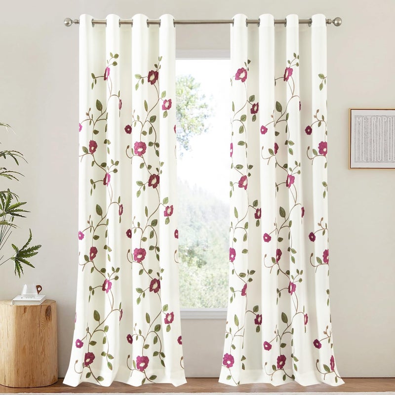 VOGOL Linen Textured Curtains 63 inch Length Floral Embroidered Light Reducing Grommet Window Panels for Bedroom W52 x L63 2 Panels