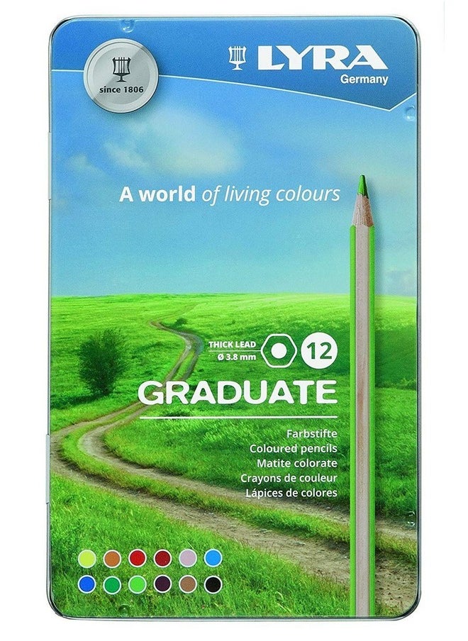 Lyra Graduate Colouring Pencils, 3.8Mm Thick Lead, 12 Assorted Colours, Technical & Artistic Drawing, Tin Box, Ideal For Student Artists & Schools  - Image 1