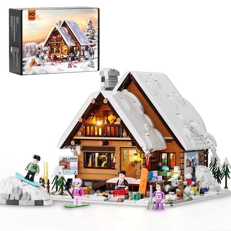 FUNWHOLE Christmas Ski-Cabin Lighting Building-Bricks-Set - Retro Christmas Winter Snow House Collection LED Light Building Construction Holiday Model Set 2187 Pcs for Adults and Teen - Image 1