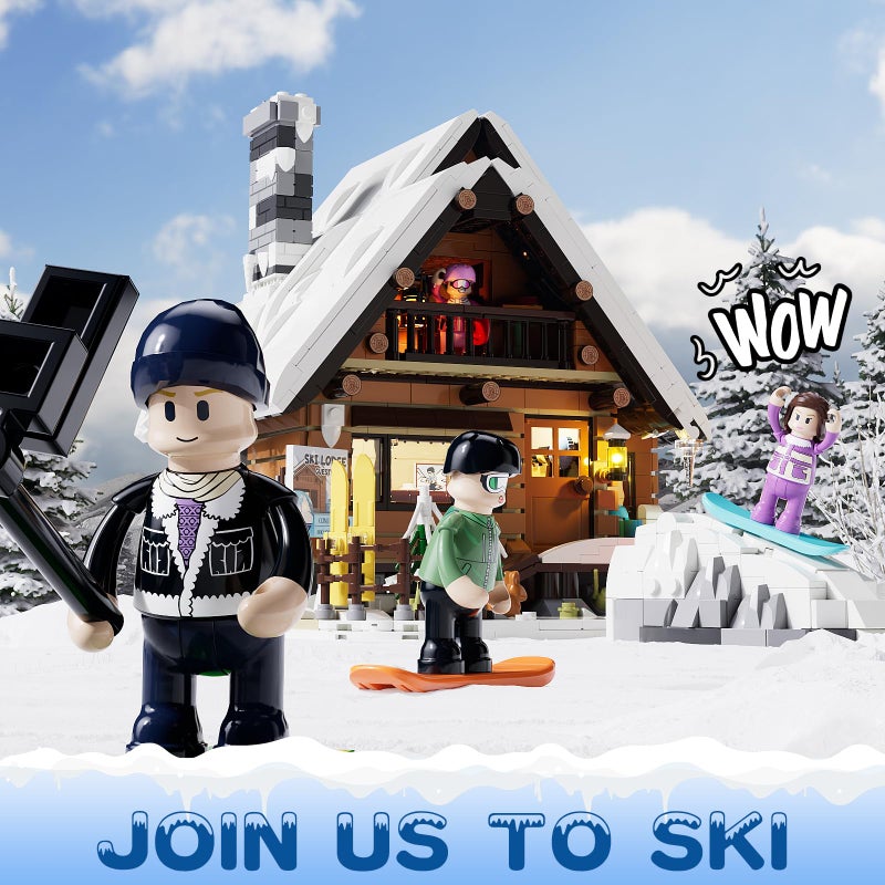 FUNWHOLE Christmas Ski-Cabin Lighting Building-Bricks-Set - Retro Christmas Winter Snow House Collection LED Light Building Construction Holiday Model Set 2187 Pcs for Adults and Teen - Image 2
