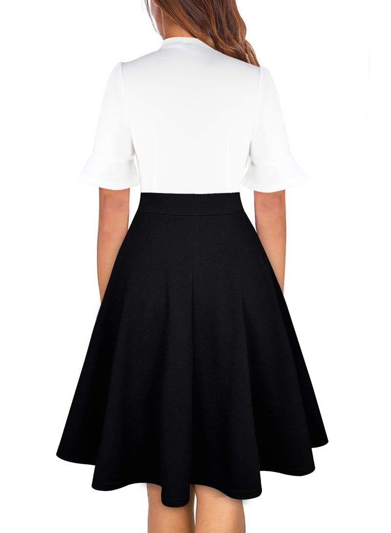 RANPHEE Womens Dresses Black and White Modest Short Sleeve Flowy Aline Retro Fit and Flare Cocktail Flattering Dress to Hide Tummy S - Image 2