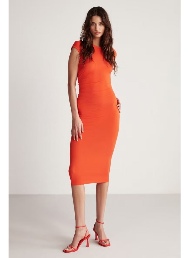 GRIMELANGE Rosalia Women's Flexible Flowy Sandy Fabric Bodycon Midi Pomegranate Flower Dress - Image 1