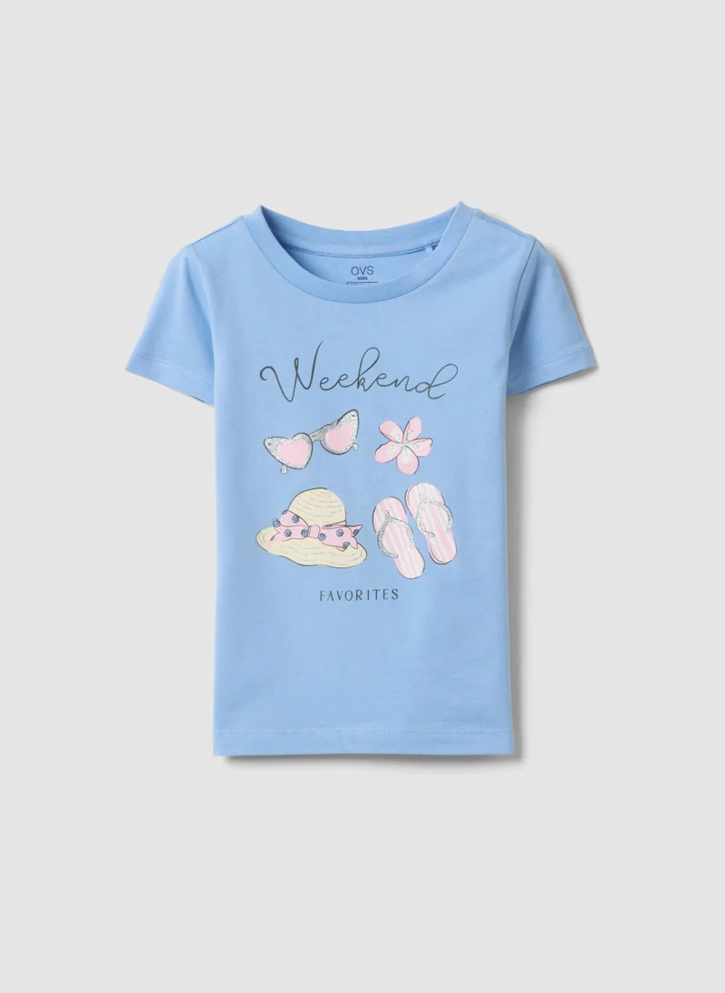 او في اس OVS Girlsâ€™ Light Blue Pure Organic Cotton T-Shirt With Print And Glitter
