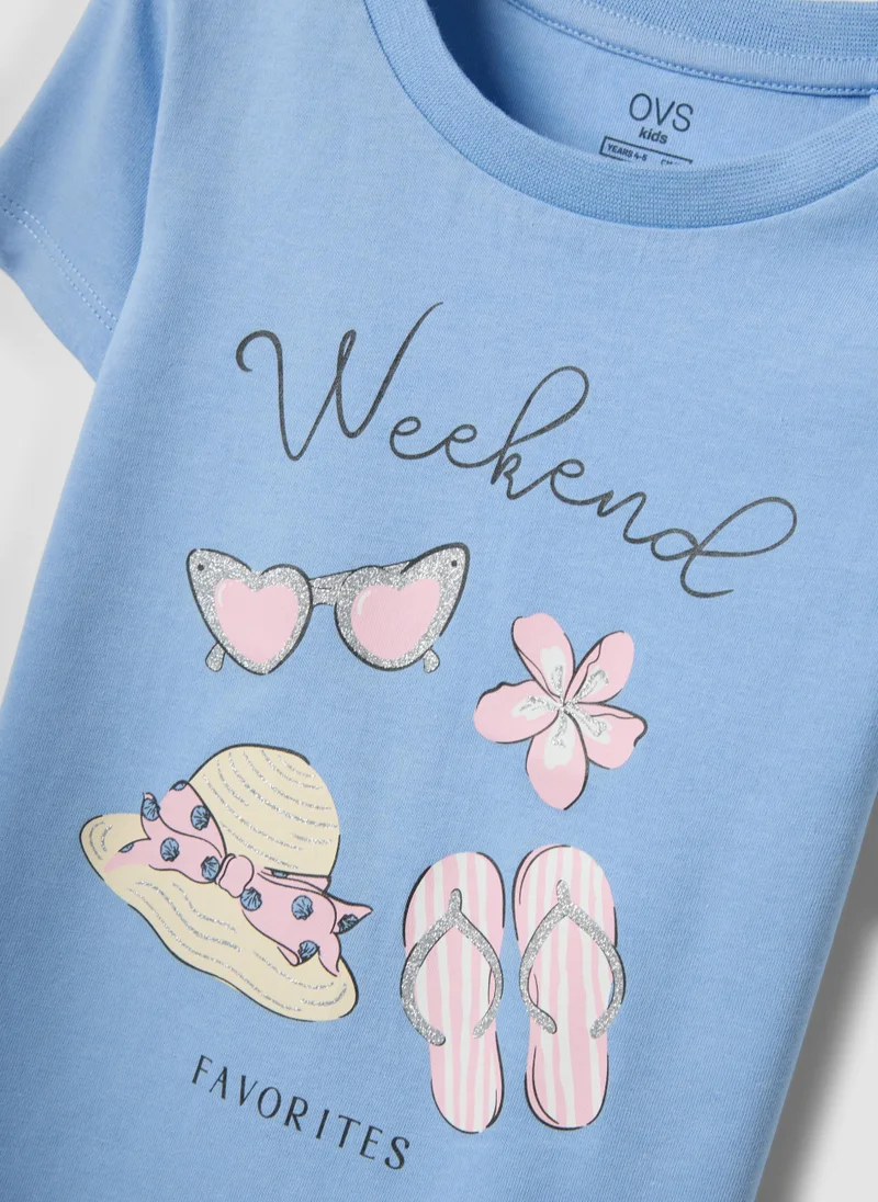 Ovs  OVS Girlsâ€™ Light Blue Pure Organic Cotton T-Shirt With Print And Glitter for Kids | Best Price UAE