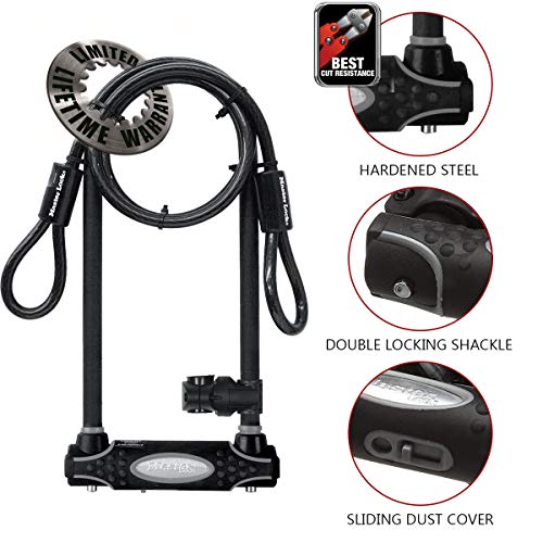 Master Lock Black Heavy Duty Outdoor U-Lock with Looped End Cable with 2 Keys, Anti-Theft Bike Lock with Extended Shackle Length for Motorcycles, Electric Scooters, with 2 Keys, 8285EC - Image 3