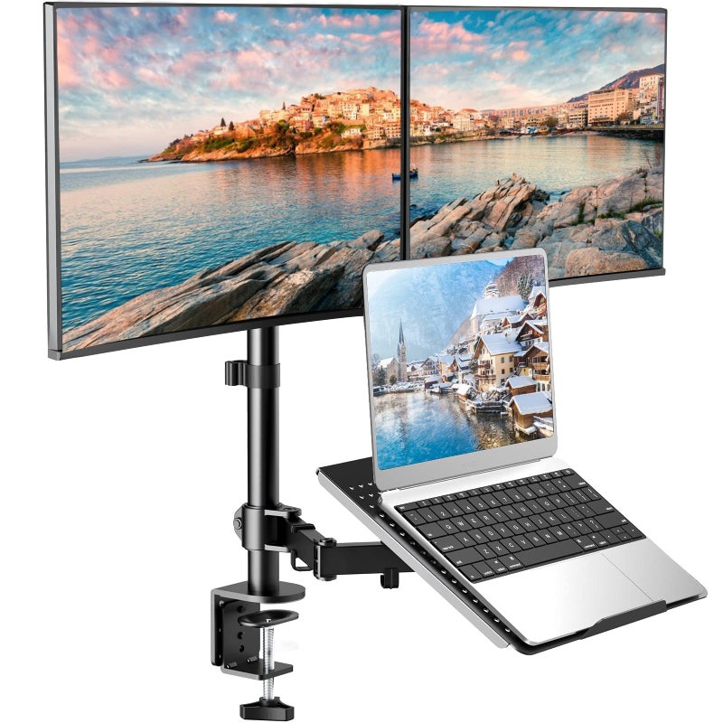 HUANUO Laptop Mount Height Adjustable Dual Monitor Mount with Laptop Keyboard Tray Fit Two 13 to 27 Inch Flat Curved Computer Screens and 10 to 17 Inch Notebooks