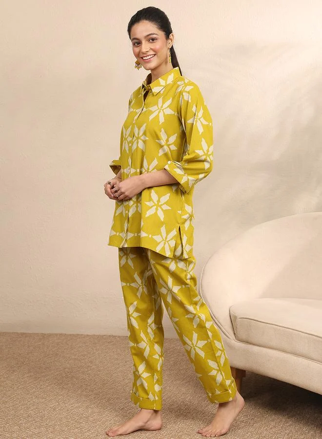 Libas Mustard Floral Print Shirt And Pants Set