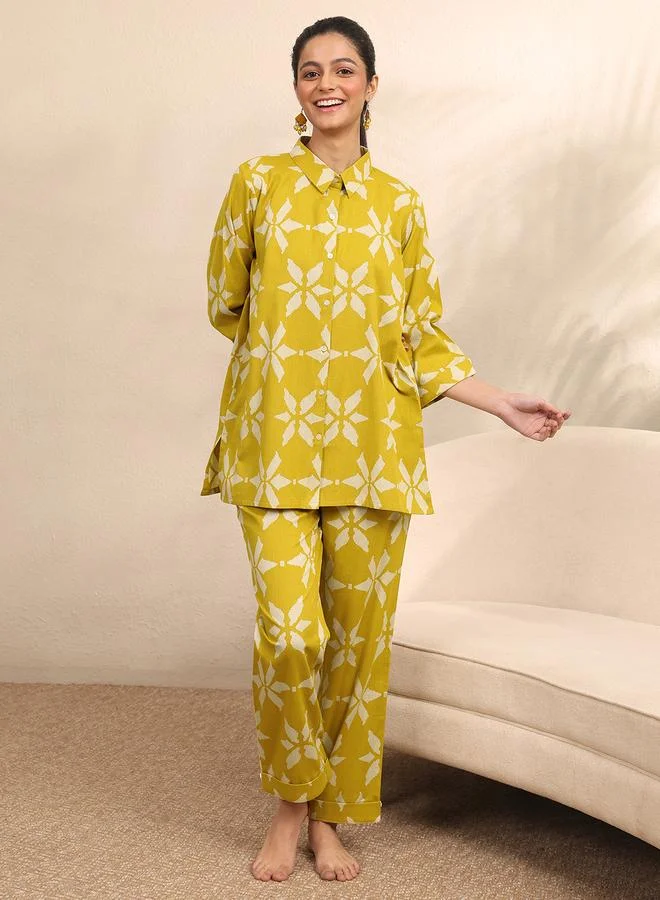 Libas Mustard Floral Print Shirt And Pants Set
