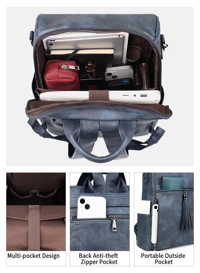 FADEON Womens Backpack Purse Large Designer PU Leather Laptop Backpacks, Ladies Computer Shoulder Bags, Dusty Blue Retro Style, Large (15.5-in Height), Travel Laptop Computer Backpacks - Image 4