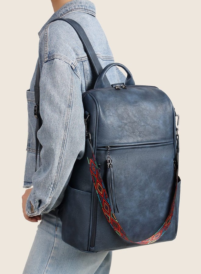 FADEON Womens Backpack Purse Large Designer PU Leather Laptop Backpacks, Ladies Computer Shoulder Bags, Dusty Blue Retro Style, Large (15.5-in Height), Travel Laptop Computer Backpacks - Image 2
