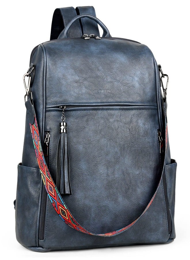 FADEON Womens Backpack Purse Large Designer PU Leather Laptop Backpacks, Ladies Computer Shoulder Bags, Dusty Blue Retro Style, Large (15.5-in Height), Travel Laptop Computer Backpacks - Image 1