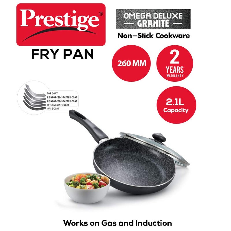 Prestige Non-Stick Omega Deluxe Granite Fry Pan with Lid | 26 Centimetre | Black | Induction Base | 5 Layer Non-Stick Cookware | Dishwasher Compatible - Image 2