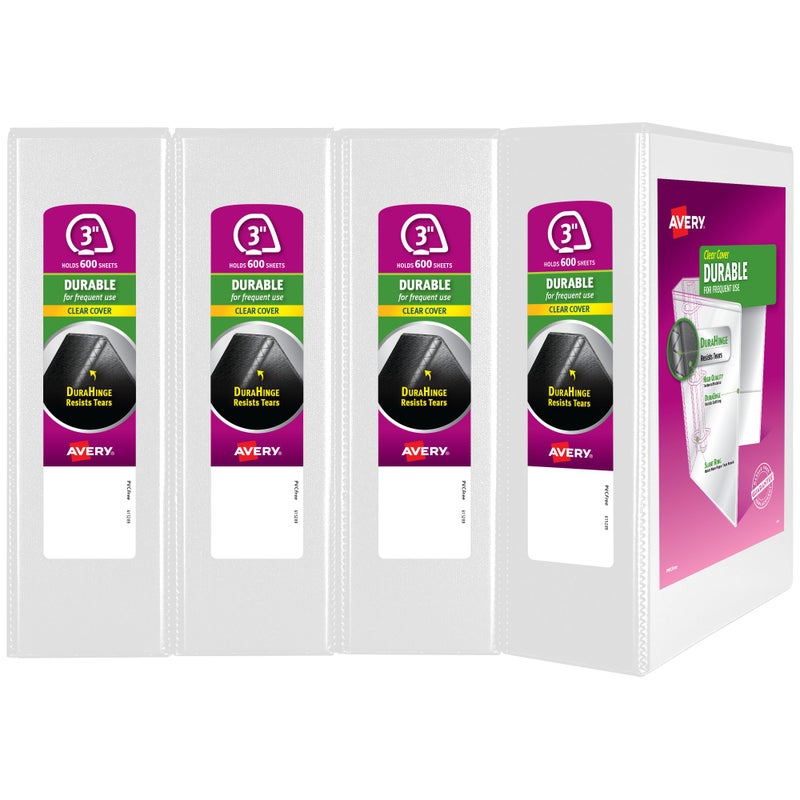 Avery 3 Ring Binder 3 Inch Slant Rings Durable View White Binder for Home Office or School Use 4 Pack 17030