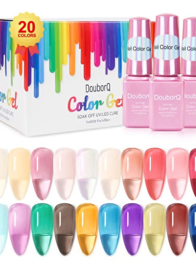 DOUBORQ 20 Bottles Jelly Gel Nail Polish Glass Translucent Crystal Blue Pink Red Pink Clear Green Yellow Purple Colors UV Soak Off LED Gel 7ml Soak Off Manicure Kit - Image 1