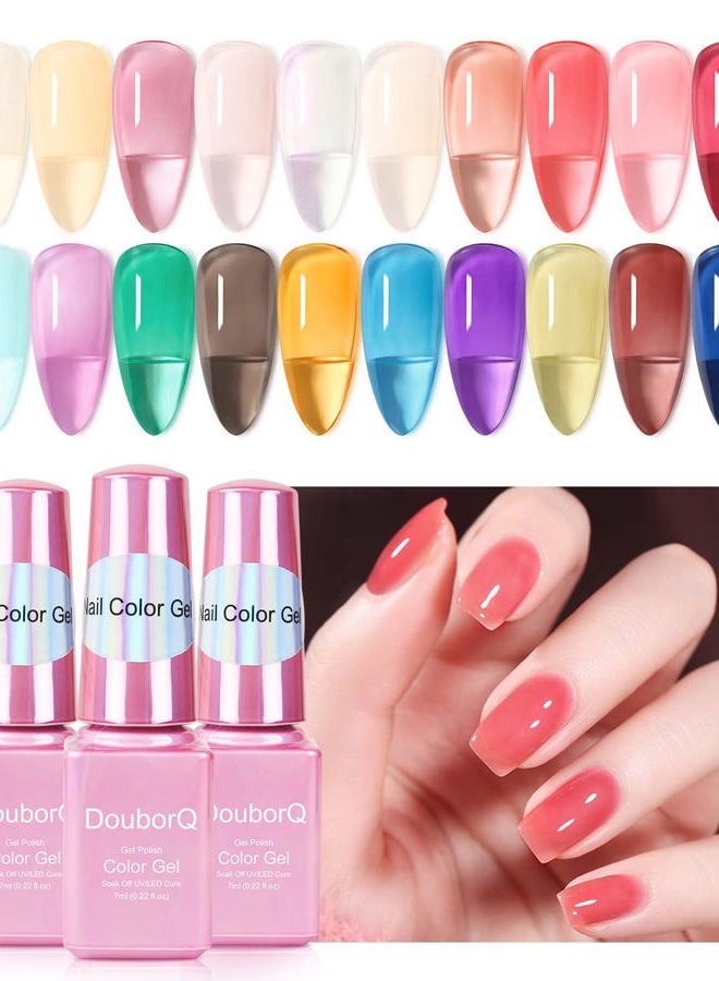 DOUBORQ 20 Bottles Jelly Gel Nail Polish Glass Translucent Crystal Blue Pink Red Pink Clear Green Yellow Purple Colors UV Soak Off LED Gel 7ml Soak Off Manicure Kit - Image 2