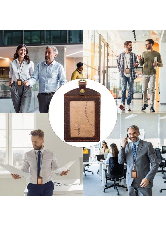 boshiho Badge Holder: Boshiho Cowhide Leather Id Badge Card Holder With 19" Neck Lanyard Vertical Style (Dark Brown) - Image 3