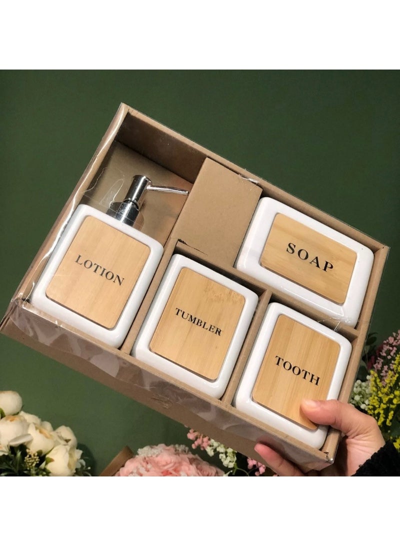 🚿 Bamboo porcelain bathroom set, soap dish🧼, toothbrush cup🧹 and toothpaste🕳️, dispenser🧴, porcelain bathroom set, toothbrush holder, soap dish, toothpaste cup and soap dispenser - Image 4