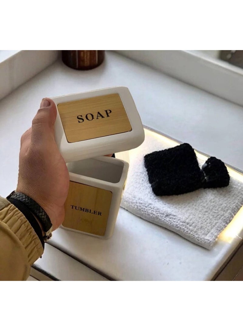 🚿 Bamboo porcelain bathroom set, soap dish🧼, toothbrush cup🧹 and toothpaste🕳️, dispenser🧴, porcelain bathroom set, toothbrush holder, soap dish, toothpaste cup and soap dispenser - Image 5