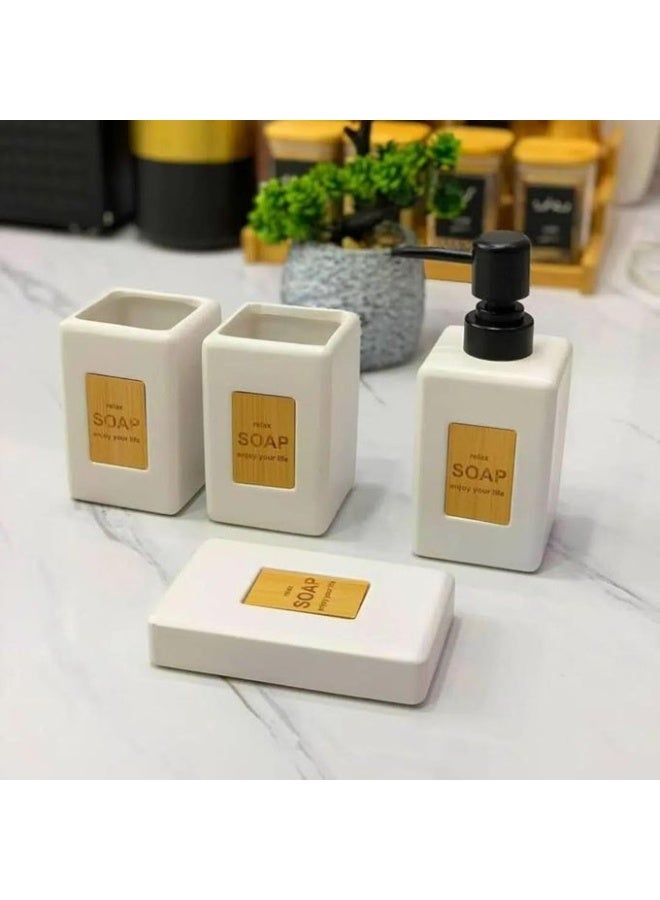 🚿 Bamboo porcelain bathroom set, soap dish🧼, toothbrush cup🧹 and toothpaste🕳️, dispenser🧴, porcelain bathroom set, toothbrush holder, soap dish, toothpaste cup and soap dispenser - Image 1